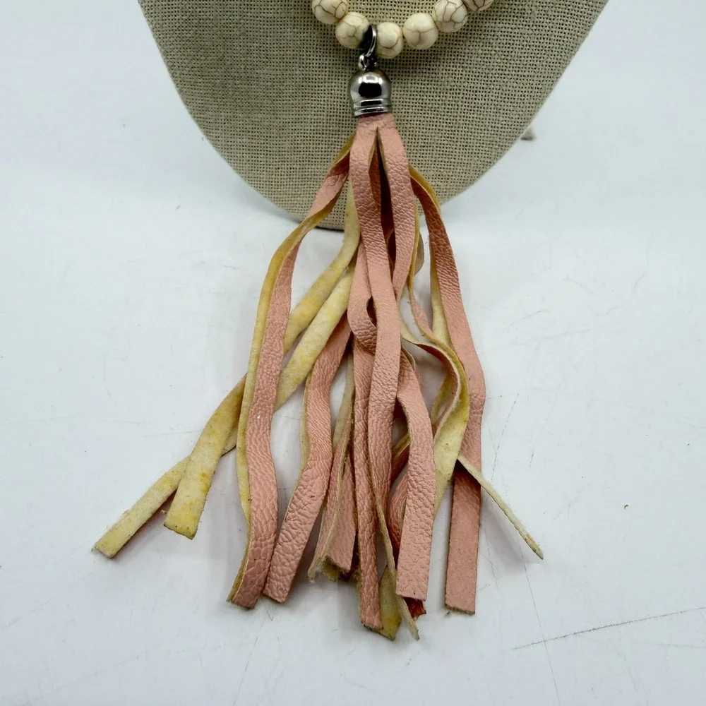 Boho White Howlite Bead Long Necklace Pink Faux Leather Tassel Statement